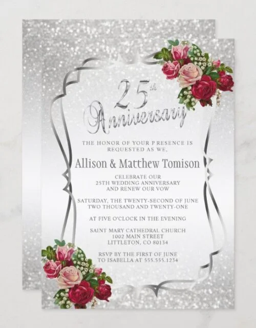 25th Silver Glitter Wedding Anniversary | DIY Text Invitation