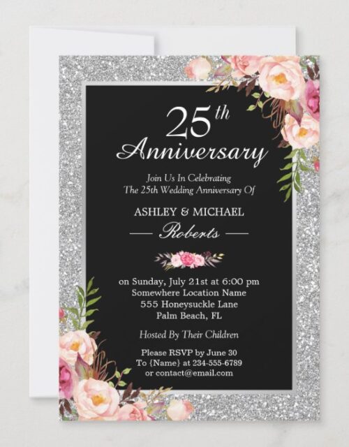 25th Silver Wedding Anniversary Elegant Floral Invitation