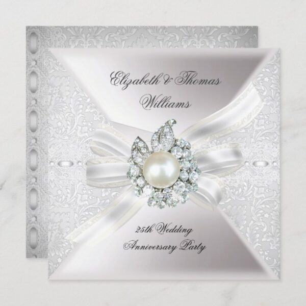 25th Wedding Anniversary Party Lace Pearl White Invitation