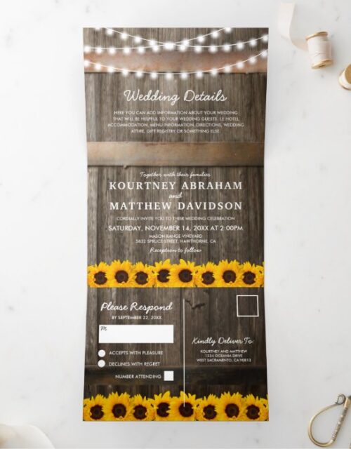 3 in 1 Rustic Country Sunflower Wedding Tri-Fold Invitation