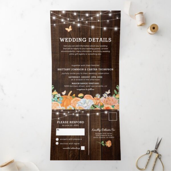3 in 1 Rustic Fall Floral Wedding Tri-Fold Invitation