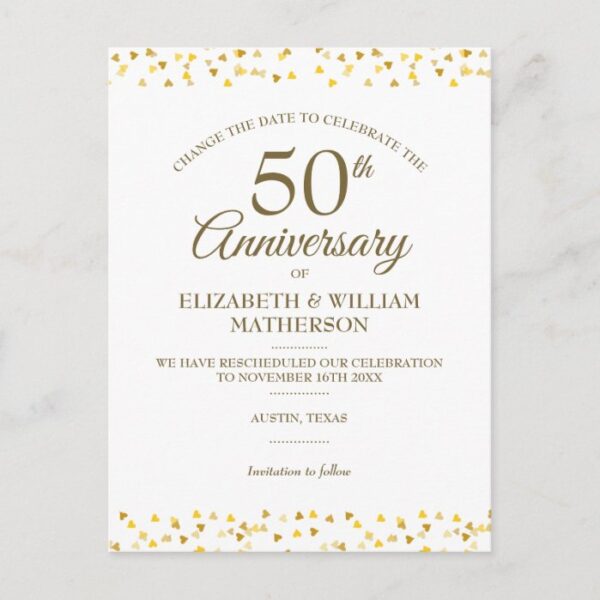 50th Anniversary Golden Hearts Change the Date Announcement Postcard