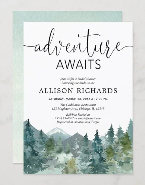 Adventure awaits rustic woodland bridal shower invitation