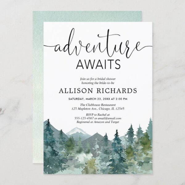 Adventure awaits rustic woodland bridal shower invitation