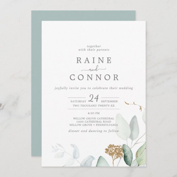 Airy Greenery and Gold Leaf All In One Wedding Invitation
