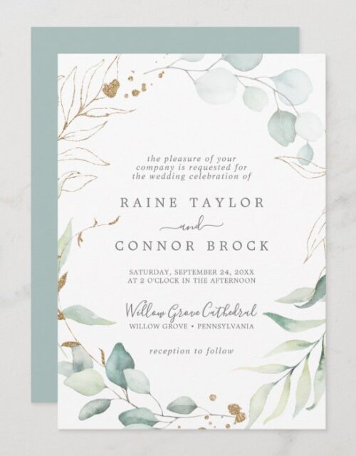 Airy Greenery and Gold Leaf Formal Wedding Invitation