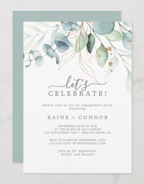 Airy Greenery and Gold Leaf Let's Celebrate Invitation