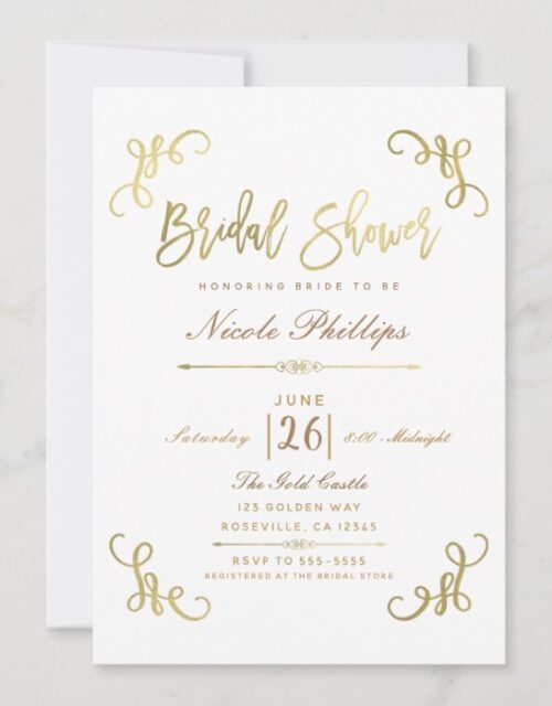All Gold Faux Foil Bridal Shower Script Type Invitation