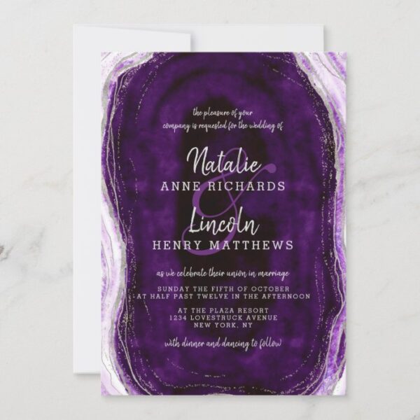 Amethyst Purple & Silver Geode Agate Slice Wedding Invitation
