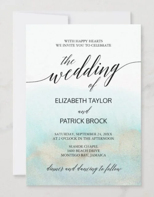 Aqua and Gold Watercolor Beach The Wedding Of Invitation