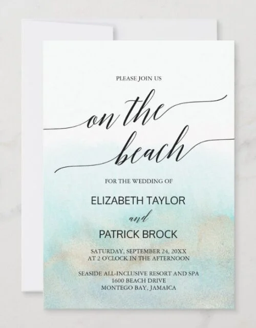 Aqua and Gold Watercolor On The Beach Wedding Invitation