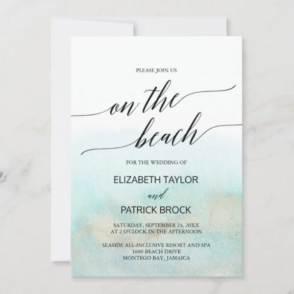 Aqua and Gold Watercolor On The Beach Wedding Invitation
