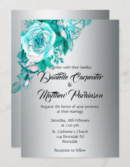Aqua Roses and Silver Wedding Invitation