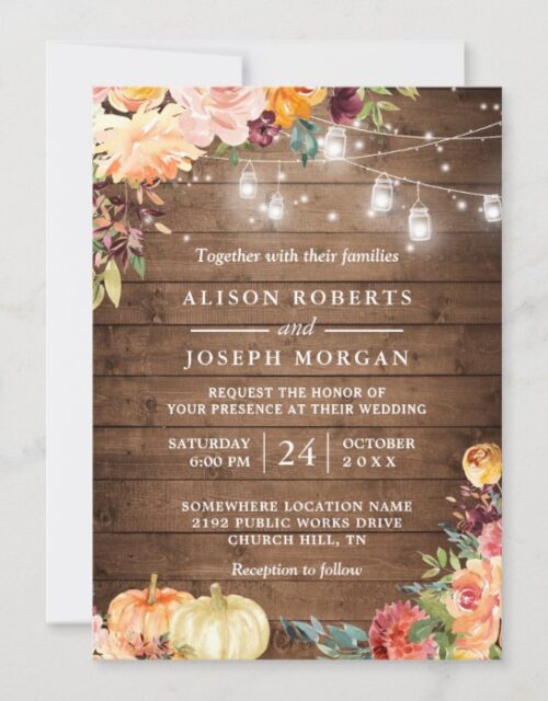 Autumn Rustic Floral Pumpkin String Lights Wedding Invitation