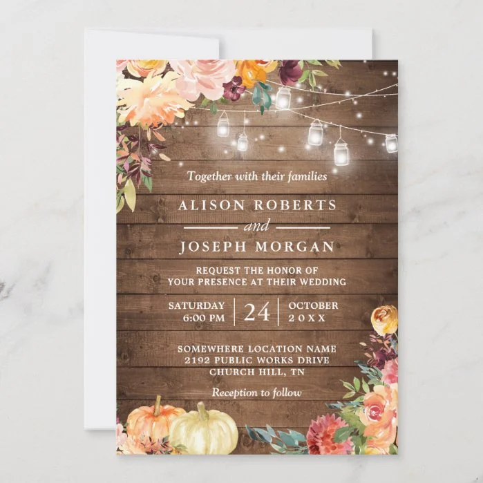 Autumn Rustic Floral Pumpkin String Lights Wedding Invitation