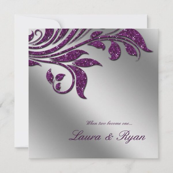 Autumn Wedding Invite Sparkle Leaf Purple Silver