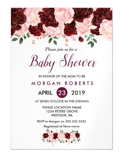Baby Shower Invite: Blush Pink Burgundy Floral Magnetic Invitation