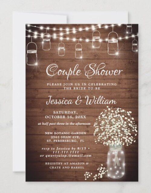 Baby's Breath Mason Jar Rustic Couple Shower Invitation