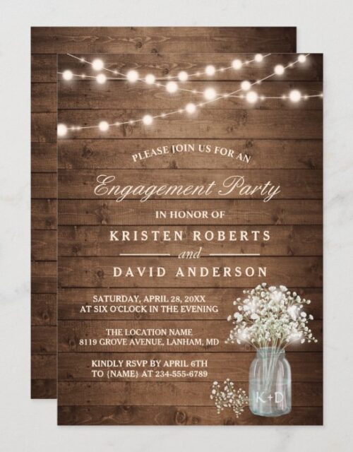 Baby's Breath Mason Jar Rustic Engagement Party Invitation