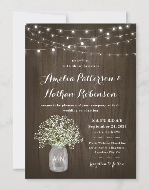 Babys Breath Mason Jar Rustic Fairy Lights Wedding Invitation