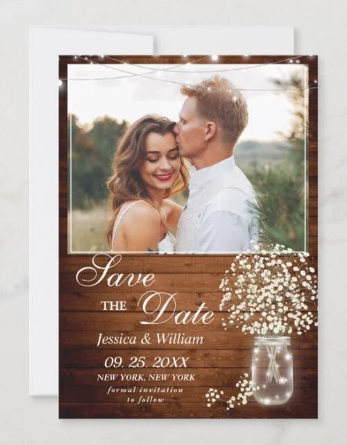 Baby's Breath Mason Jar Rustic Photo Wedding Save The Date