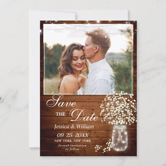 Baby's Breath Mason Jar Rustic Photo Wedding Save The Date