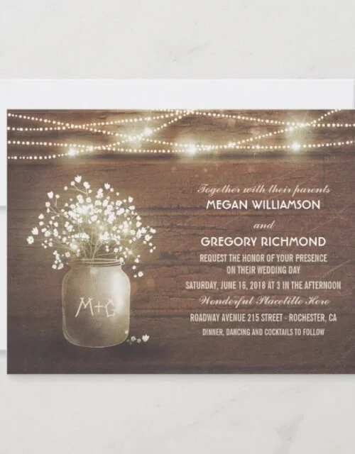 Baby's Breath Mason Jar Rustic Vintage Wedding Invitation