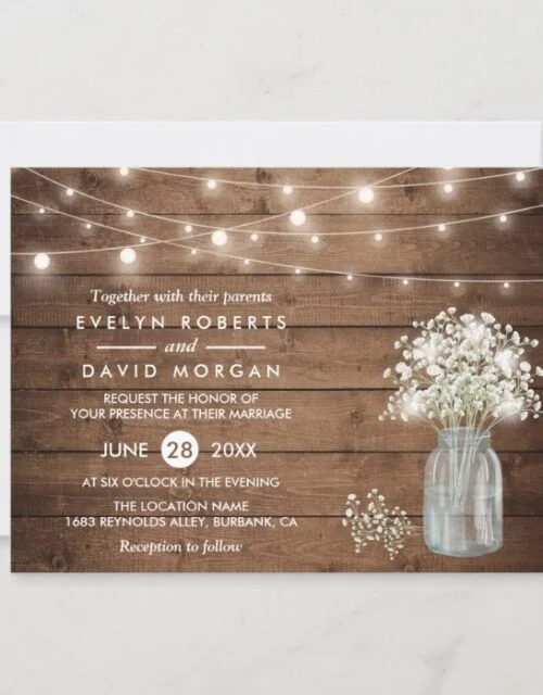 Baby's Breath Mason Jar String Lights Wedding Invitation