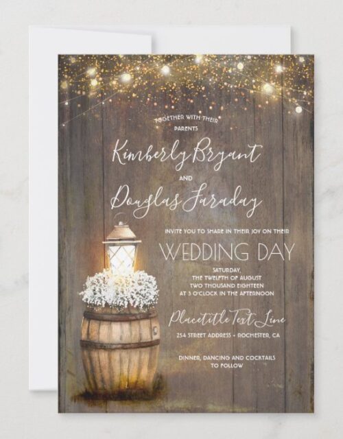 Baby's Breath Wine Barrel Rustic Lantern Wedding Invitation