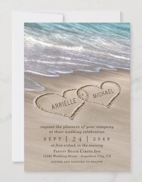 Beach Sand Hearts Elegant Tropical Modern Wedding Invitation