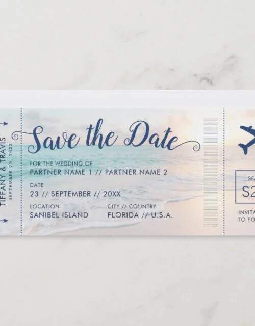 Beach Wedding Sunset Boarding Pass Save the Date Announcement