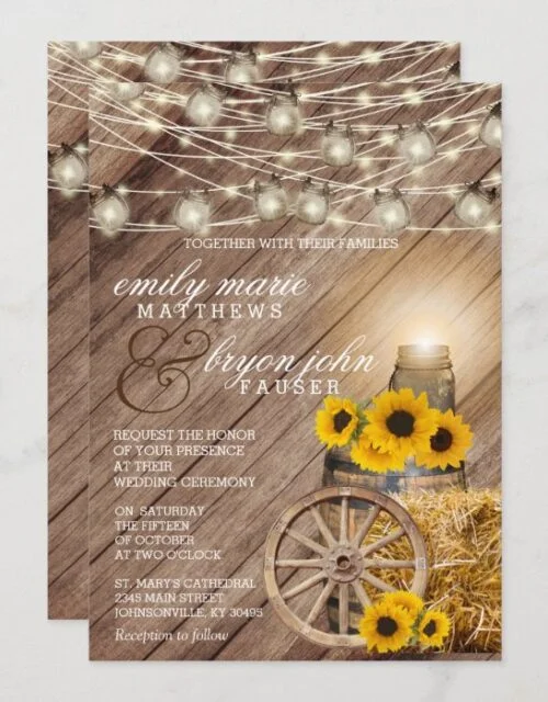 Beautiful Rustic Wood Barrel and Sunflowers Invitation