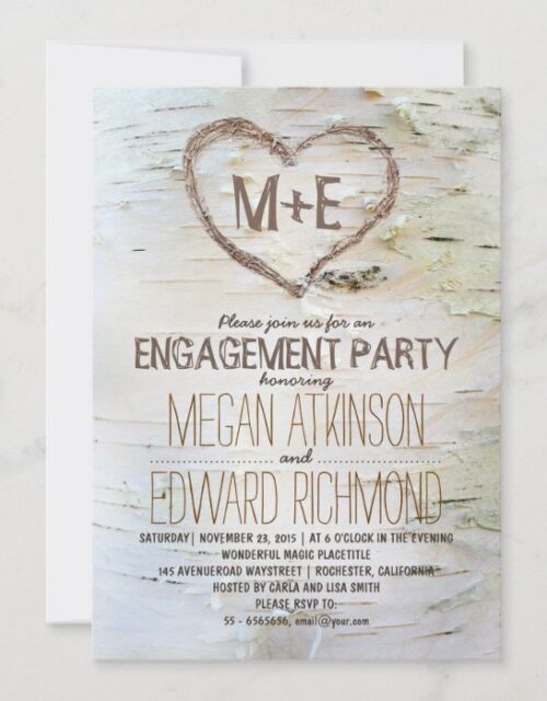 Birch tree heart rustic engagement party invites