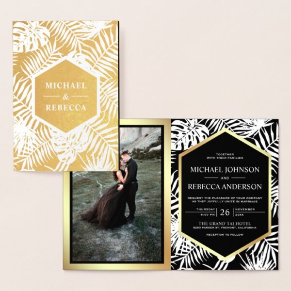 Black and Gold Foil Tropical Palm Wedding Invite