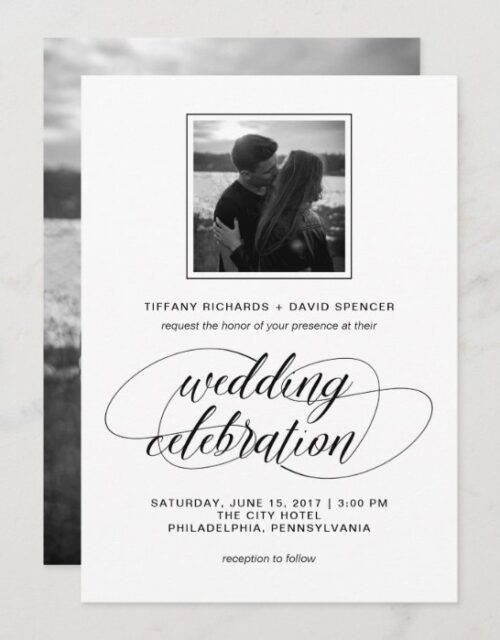 Black and White Fancy Script Wedding Photo Invitation