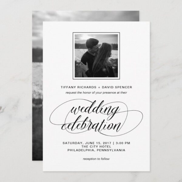 Black and White Fancy Script Wedding Photo Invitation