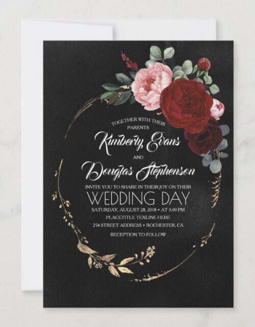 Black Burgundy and Gold Floral Modern Boho Wedding Invitation