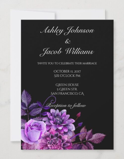 Black wedding invitation. Purple flowers invite