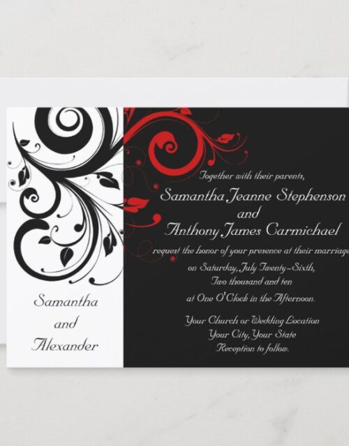 Black/White/Red Reverse Swirl Wedding Invitations