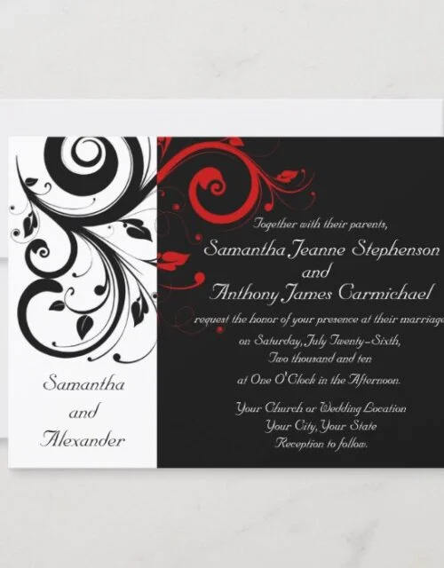 Black/White/Red Reverse Swirl Wedding Invitations
