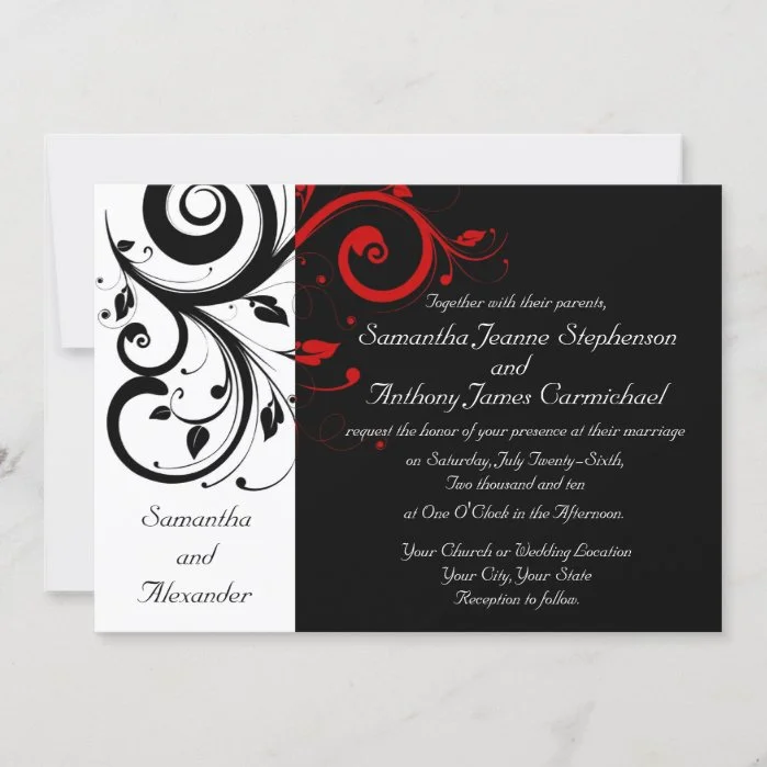 Black/White/Red Reverse Swirl Wedding Invitations
