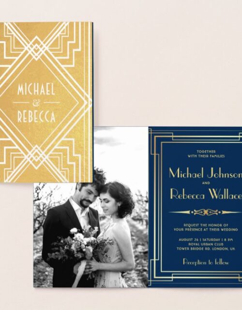 Blue and Gold Foil Art Deco Wedding Invitation
