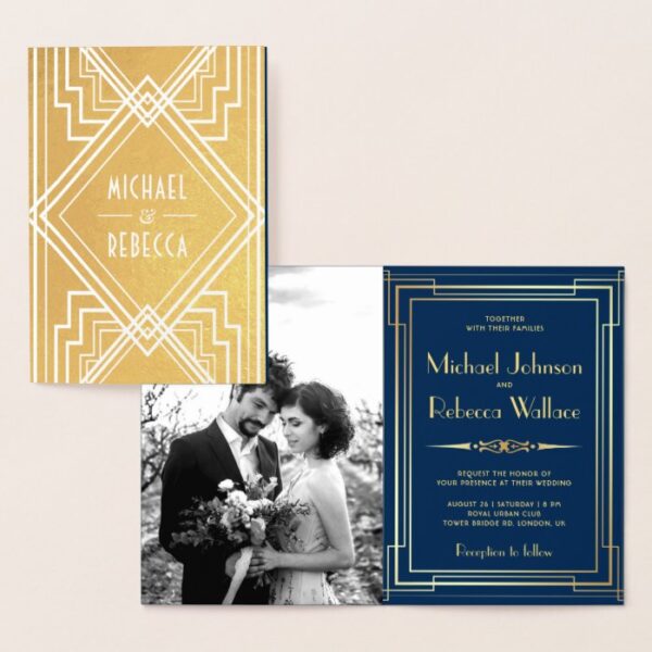Blue and Gold Foil Art Deco Wedding Invitation