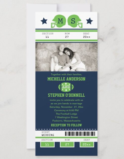 Blue and Lime Green Football Ticket Wedding Invitation