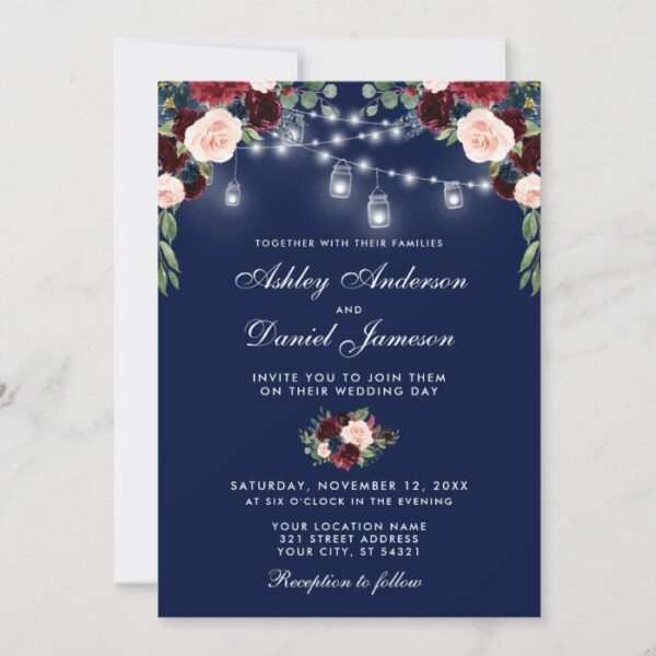 Blue Burgundy Watercolor Floral Lights Wedding Invitation