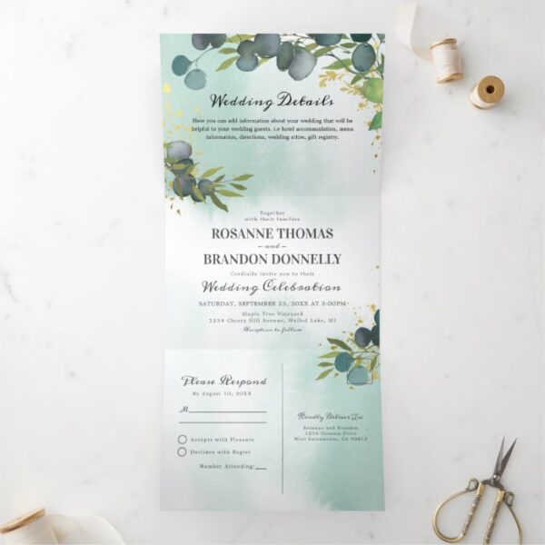 Blue Eucalyptus Greenery 3 in 1 Wedding Tri-Fold Invitation
