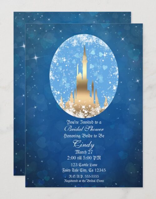 Blue Gold Fairy Tale Castle Sparkle Bridal Shower Invitation