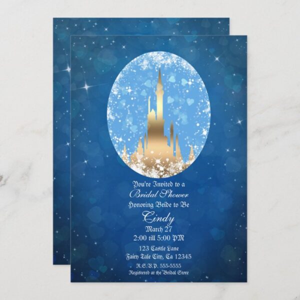 Blue Gold Fairy Tale Castle Sparkle Bridal Shower Invitation