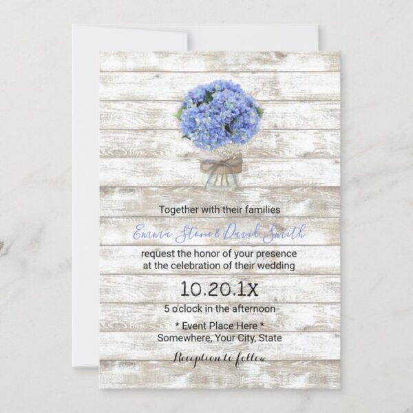 Blue Hydrangea Floral Jar Rustic Wood Wedding Invitation
