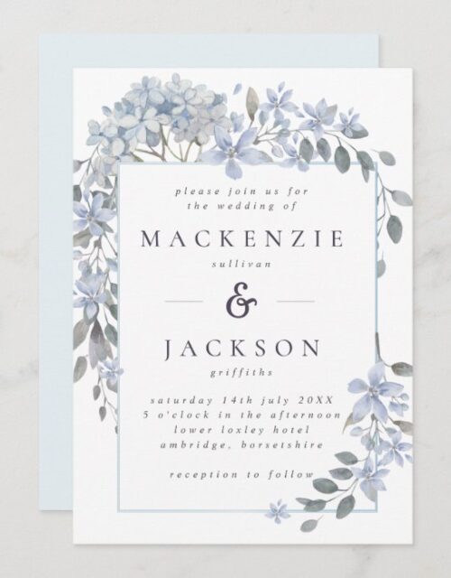 Blue Hydrangeas Frame Watercolor Wedding Invitation